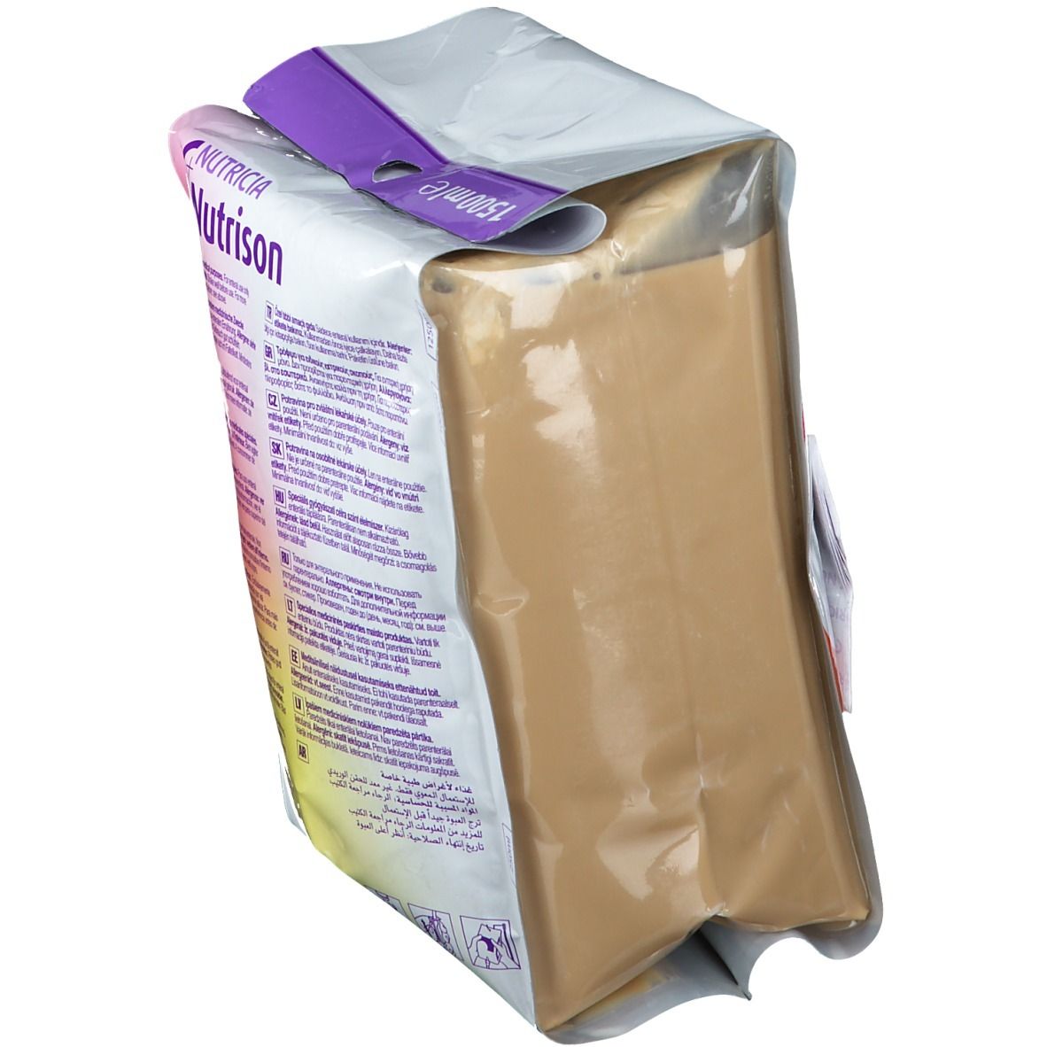 Emballage Nutrison 1200 Complete Multi Fibre en biais. Dos avec texte. Fermeture violette. Inscriptions : Nutrison, texte en plusieurs langues.