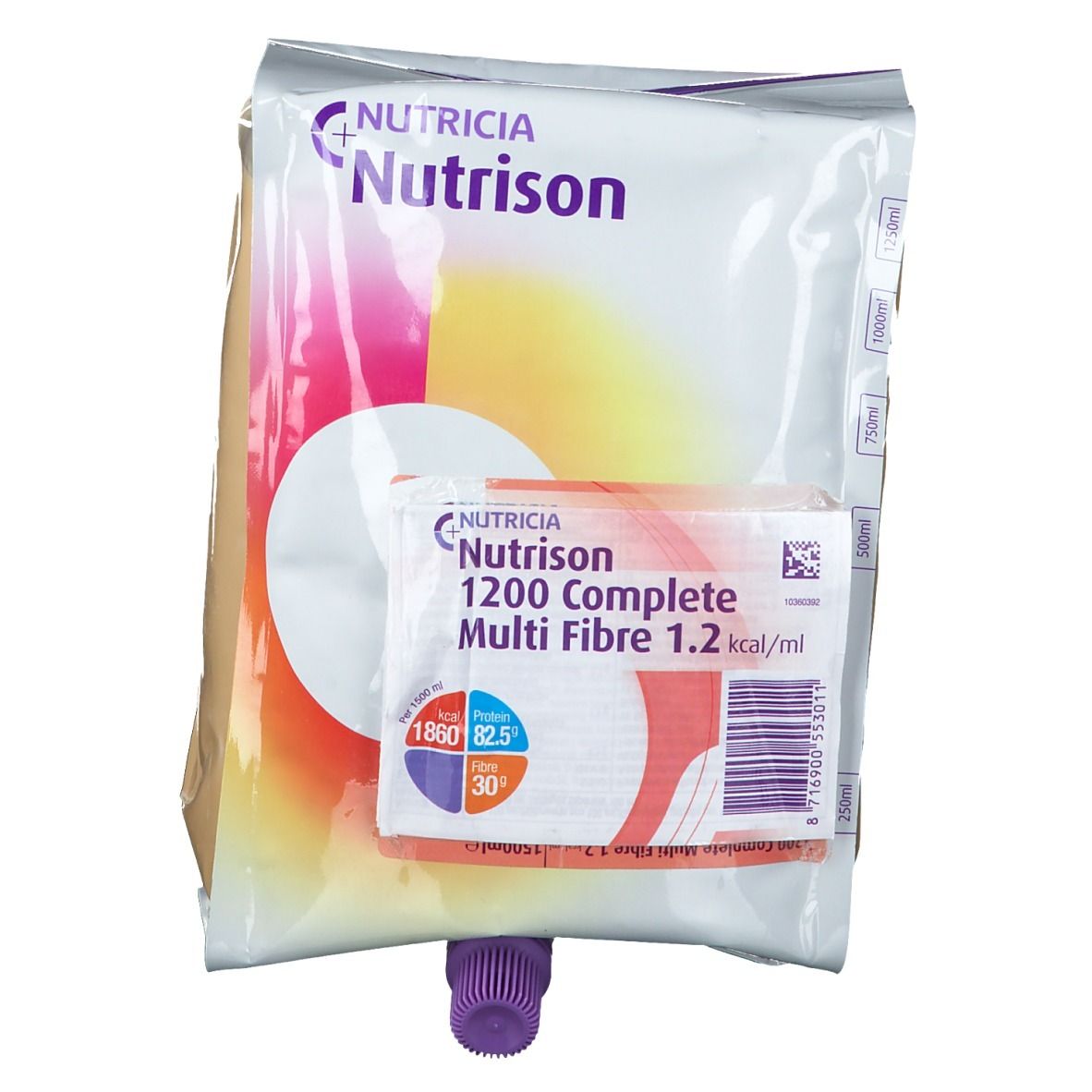 Emballage Nutrison 1200 Complete Multi Fibre. Sachet avec produit et sachet supplémentaire. Fermeture violette. Inscriptions : Nutrison, informations nutritionnelles.