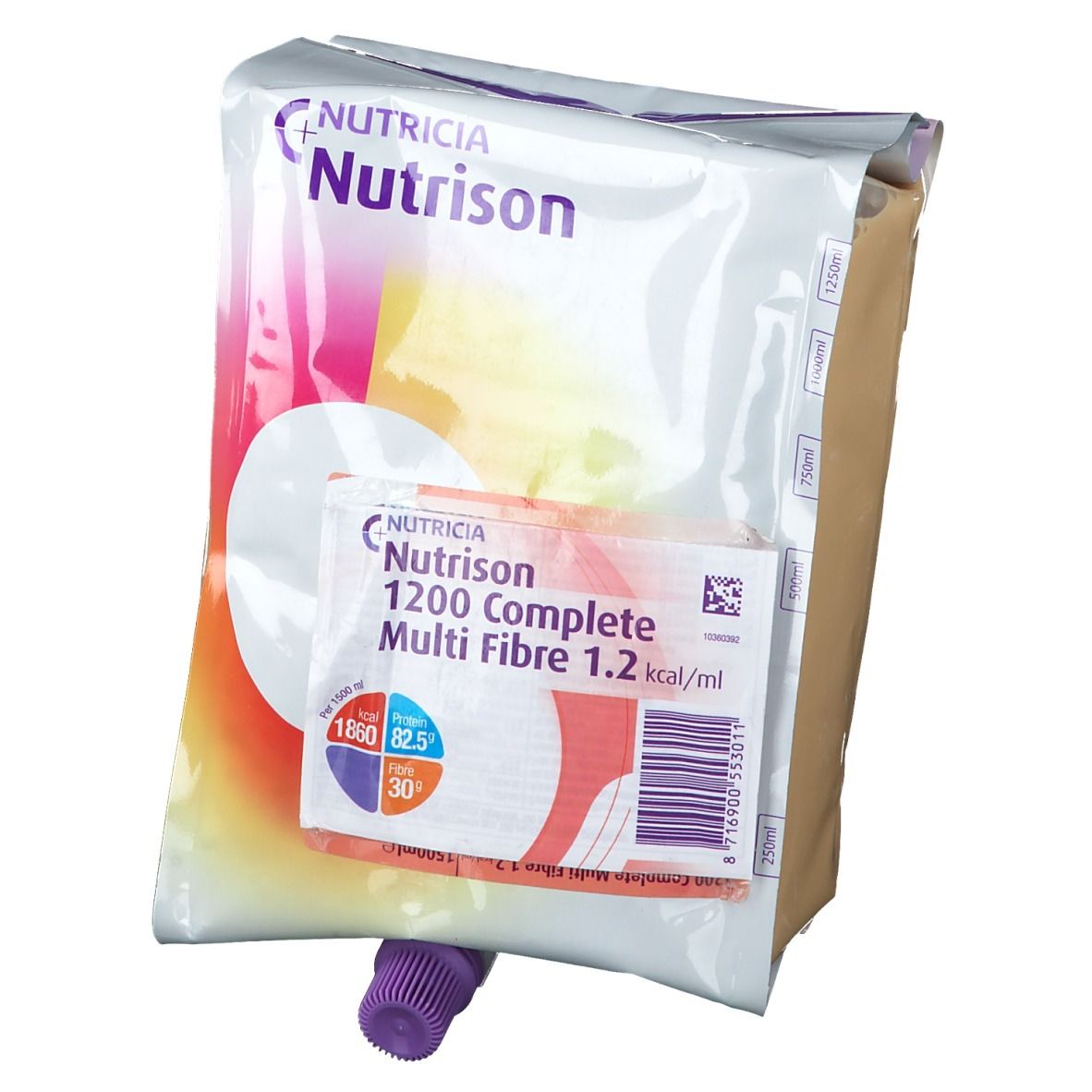 Emballage Nutrison 1200 Complete Multi Fibre. Sachet avec produit et sachet supplémentaire. Fermeture violette. Inscriptions : Nutrison, informations nutritionnelles.