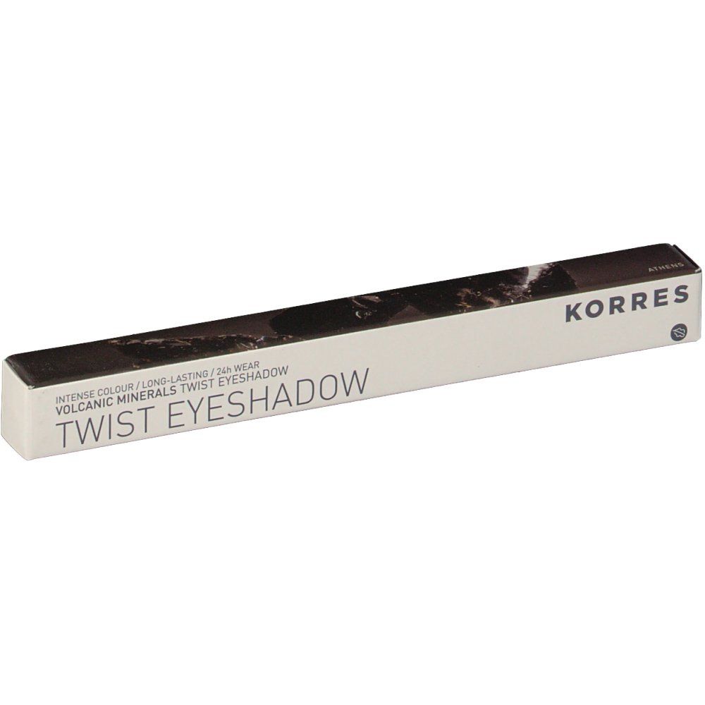 Emballage rectangulaire. Inscription: KORRES, TWIST EYESHADOW. Couleur: METALLIC BLACK. Graphique noir et blanc.
