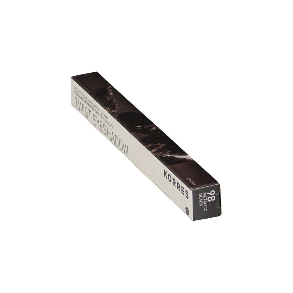 Emballage incliné. Inscription: KORRES, TWIST EYESHADOW. Couleur: 98 METALLIC BLACK. Graphique noir et blanc.