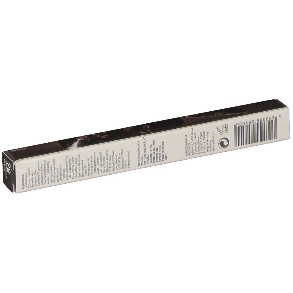 Dos de l'emballage. Texte et code-barres. Inscription: KORRES. Couleur: 98 METALLIC BLACK. Graphique noir et blanc.