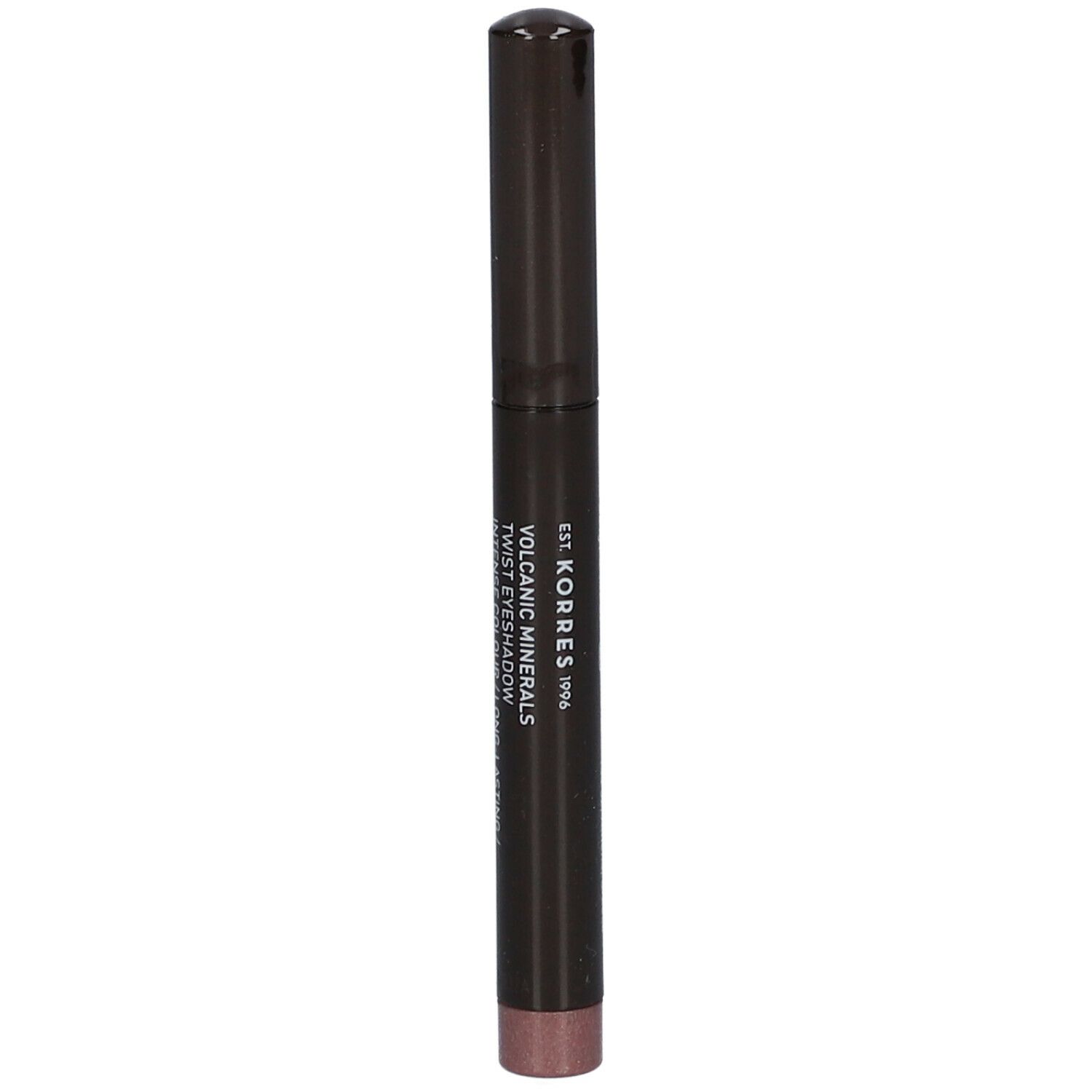 Crayon fard à paupières Twist marron foncé. Inscription: KORRES, Twist Eyeshadow, Volcanic Minerals.