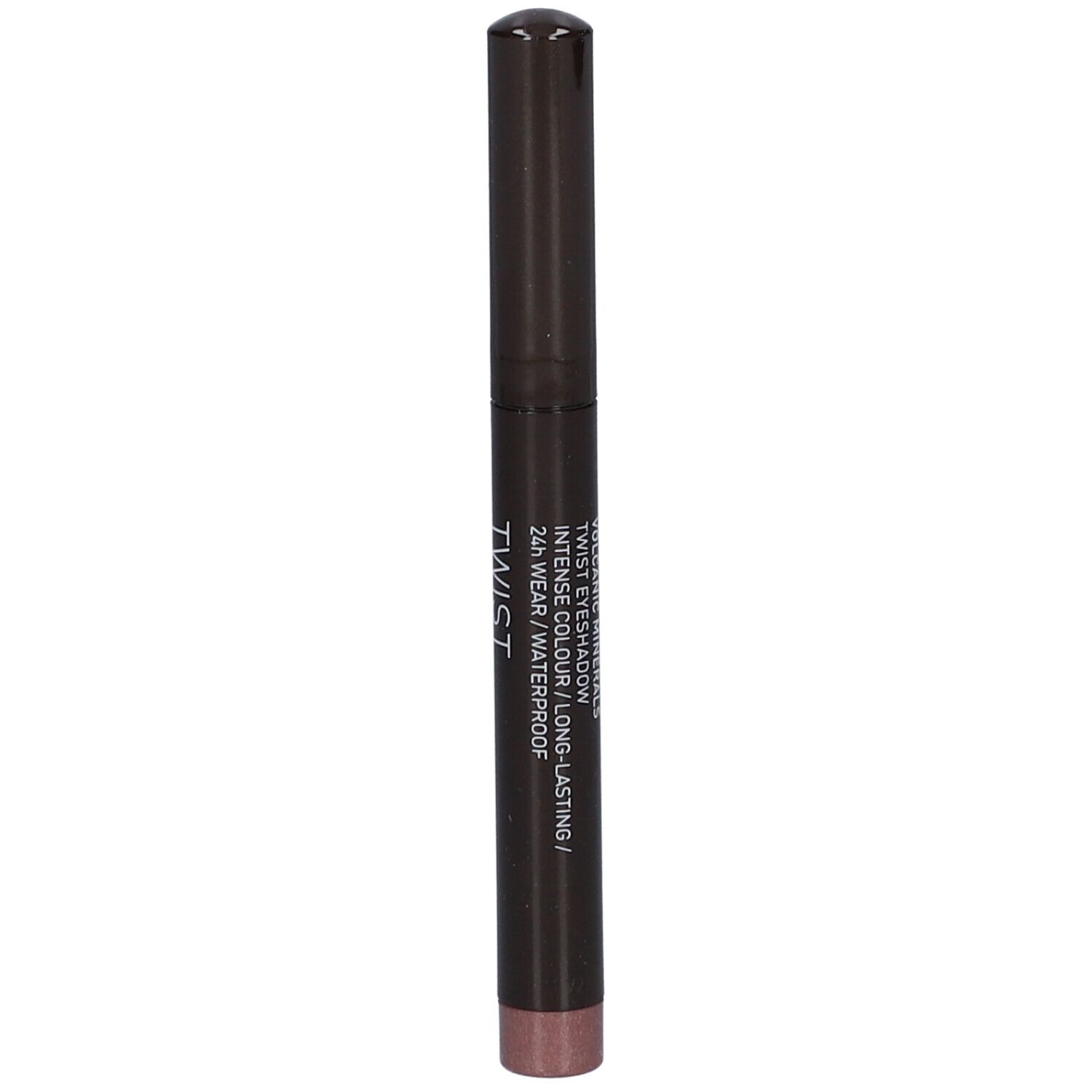Crayon fard à paupières Twist marron foncé. Inscription: Twist Eyeshadow, 24h Wear/Waterproof.