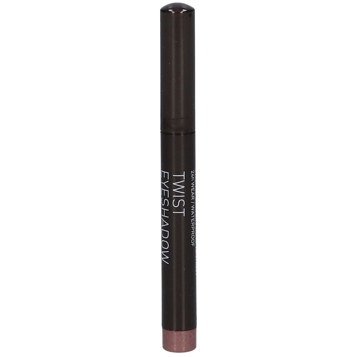 Crayon fard à paupières Twist marron foncé. Inscription: Twist Eyeshadow, 24h Wear/Waterproof.