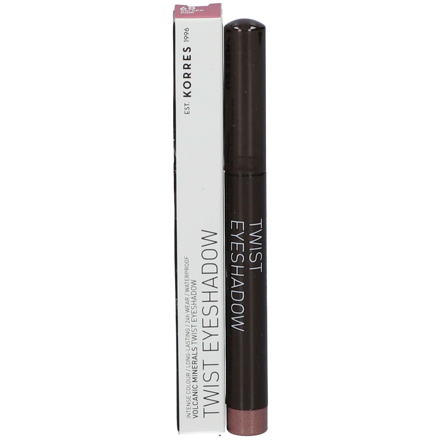 Crayon fard à paupières Twist marron foncé et emballage. Inscription: KORRES, Twist Eyeshadow.