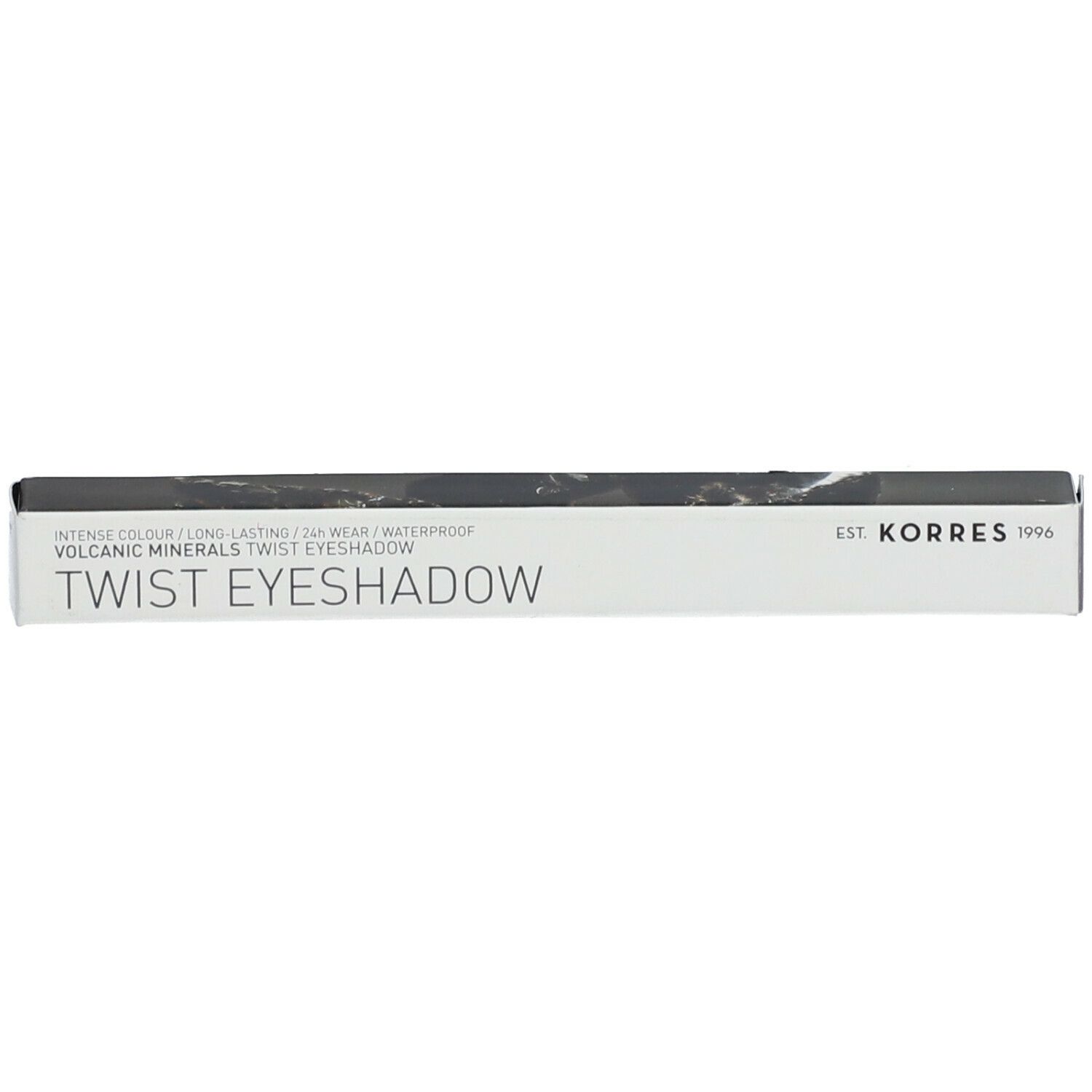 Witte doos met zwarte tekst. Bevat 'TWIST EYESHADOW' en 'KORRES 1996'. Boven staat 'INTENSE COLOUR/LONG LASTING...'