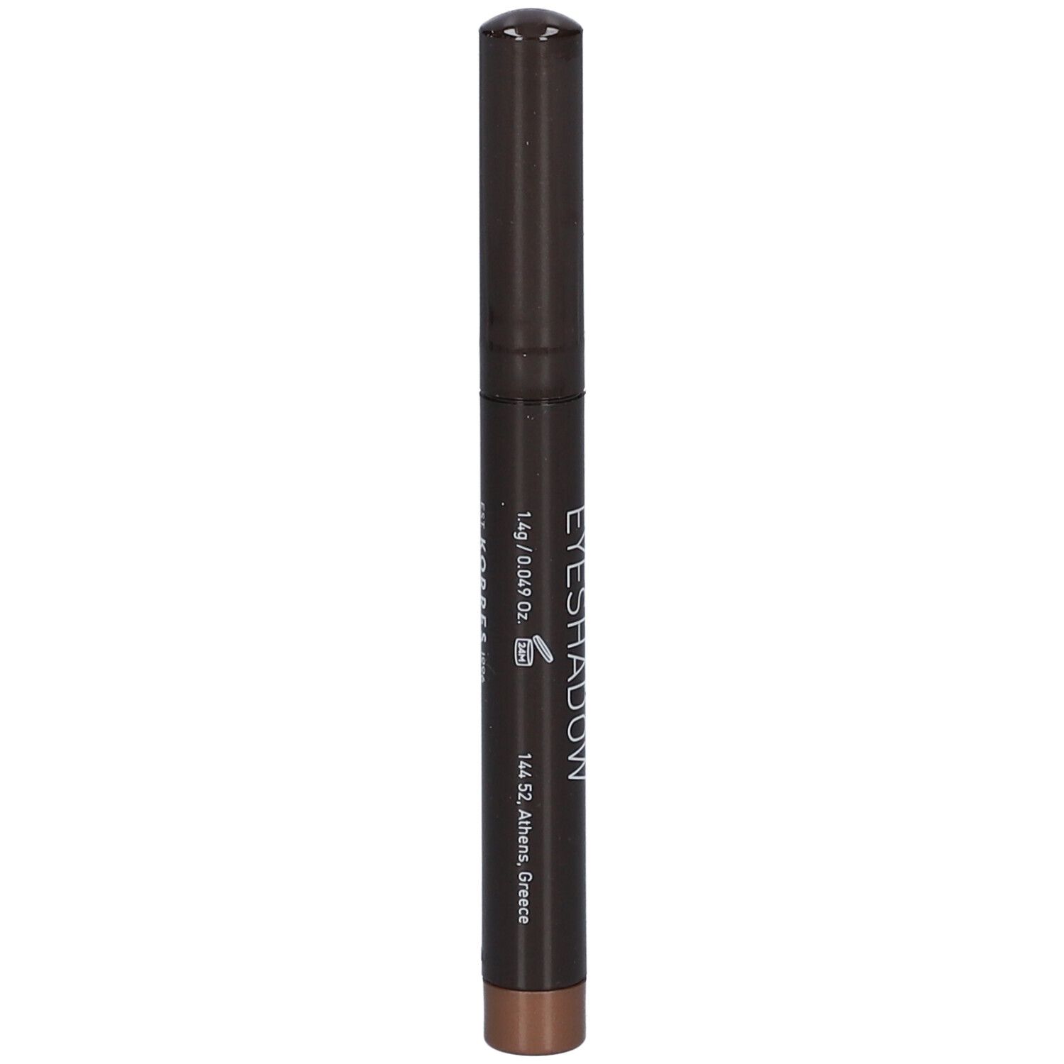Crayon fard à paupières marron. Inscription: Eyeshadow, 1.4g / 0.049 Oz, 144.52 Athens, Greece.