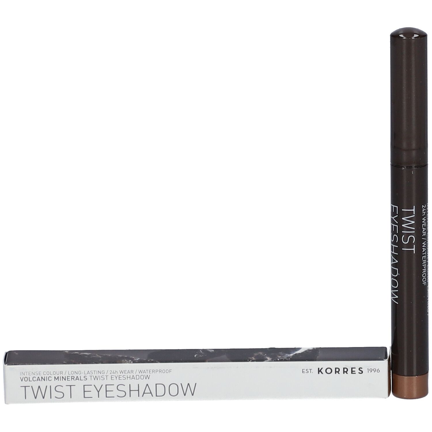 Crayon fard à paupières marron et emballage. Inscription: Twist Eyeshadow, KORRES 1996.