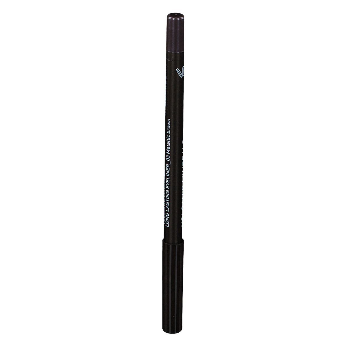 Crayon eyeliner noir avec l'inscription 'Long Lasting Eyeliner 03 Metallic Brown'.