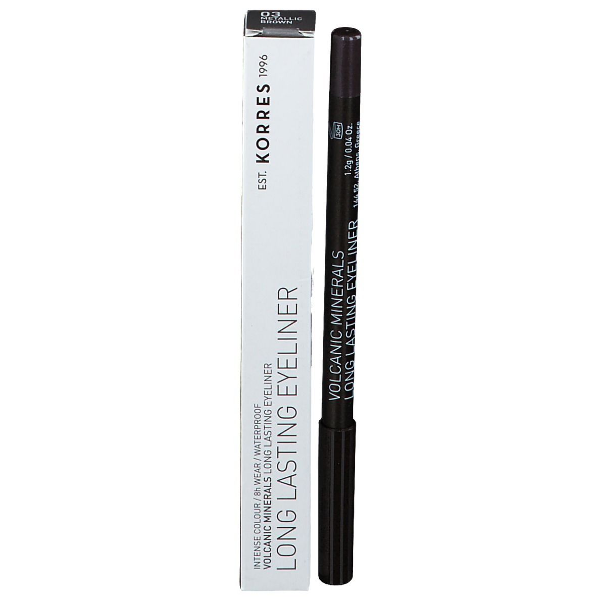 Crayon eyeliner et emballage. Inscription 'KORRES Long Lasting Eyeliner'.