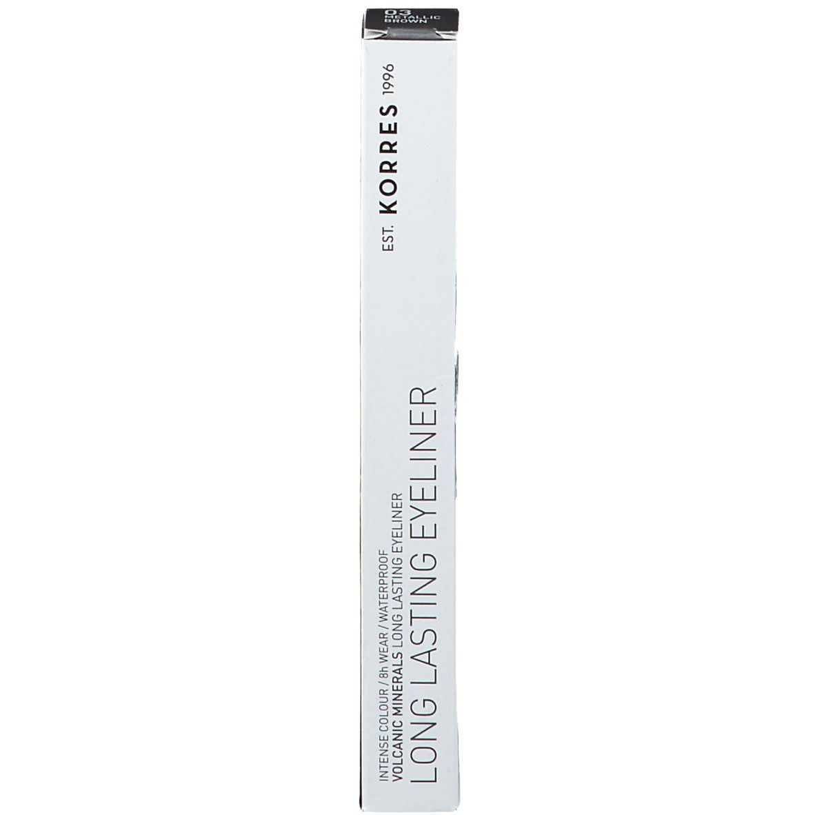 Emballage blanc étroit avec l'inscription 'KORRES Long Lasting Eyeliner'.