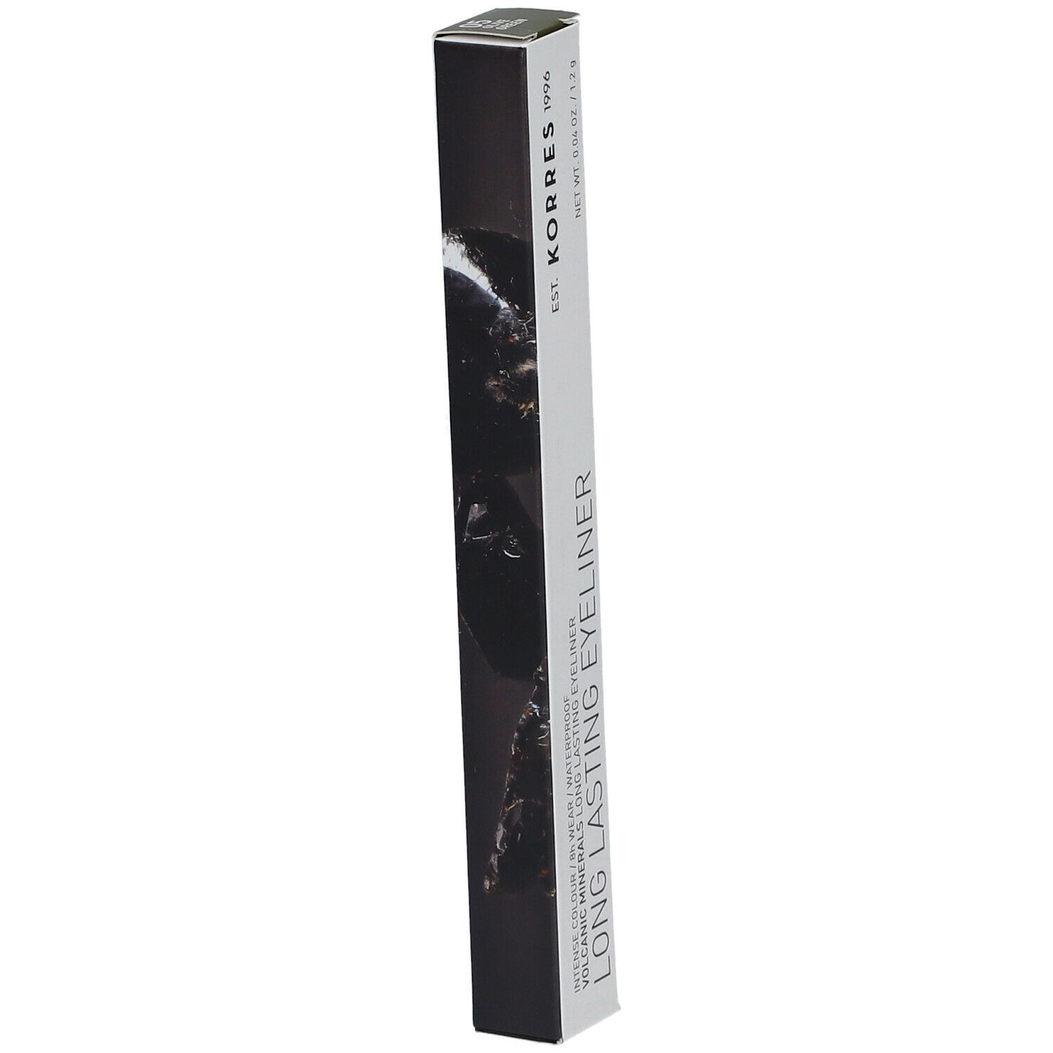 Emballage noir avec nom du produit et de la marque. Inscription : LONG LASTING EYELINER. Image de roches sombres.