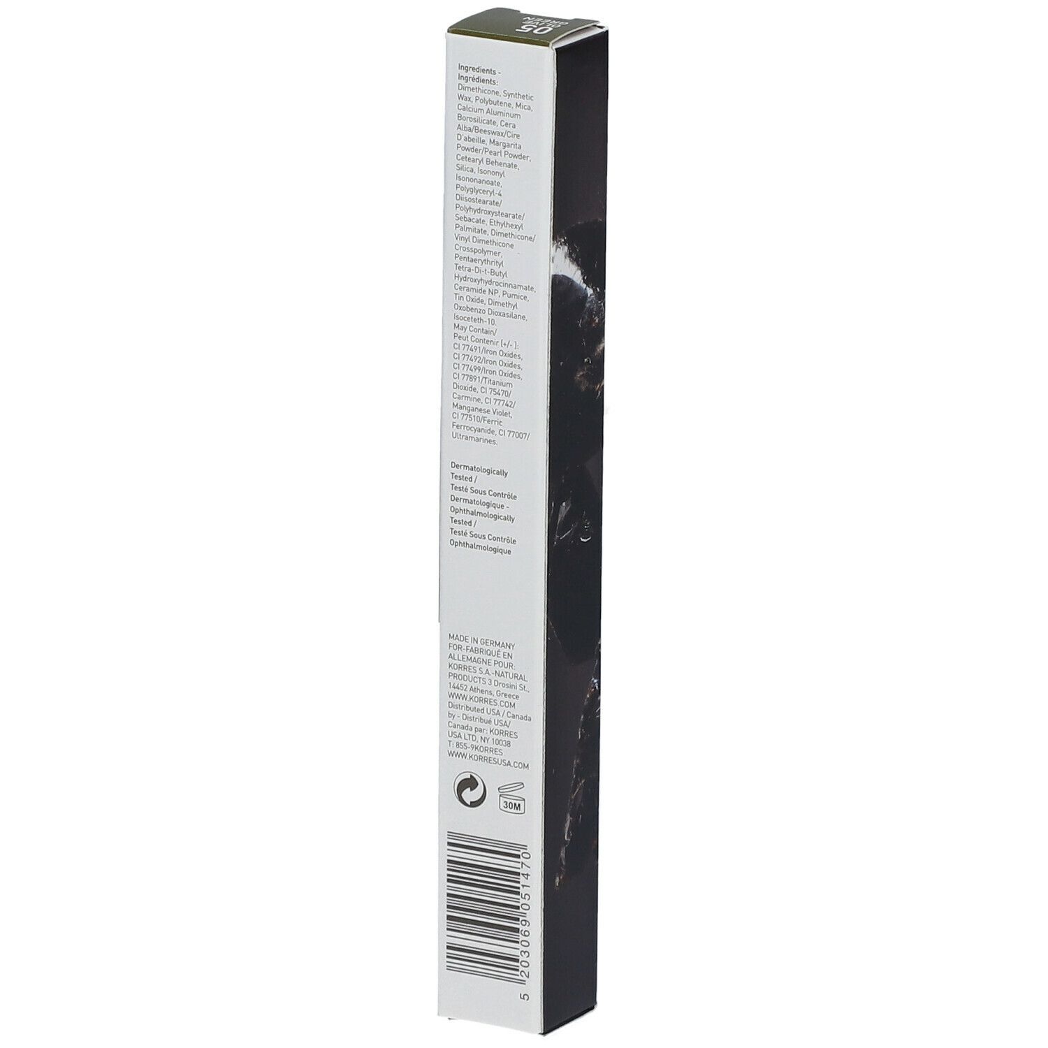 Dos de l'emballage avec ingrédients et code-barres. Inscription : LONG LASTING EYELINER. Informations et logos du fabricant.