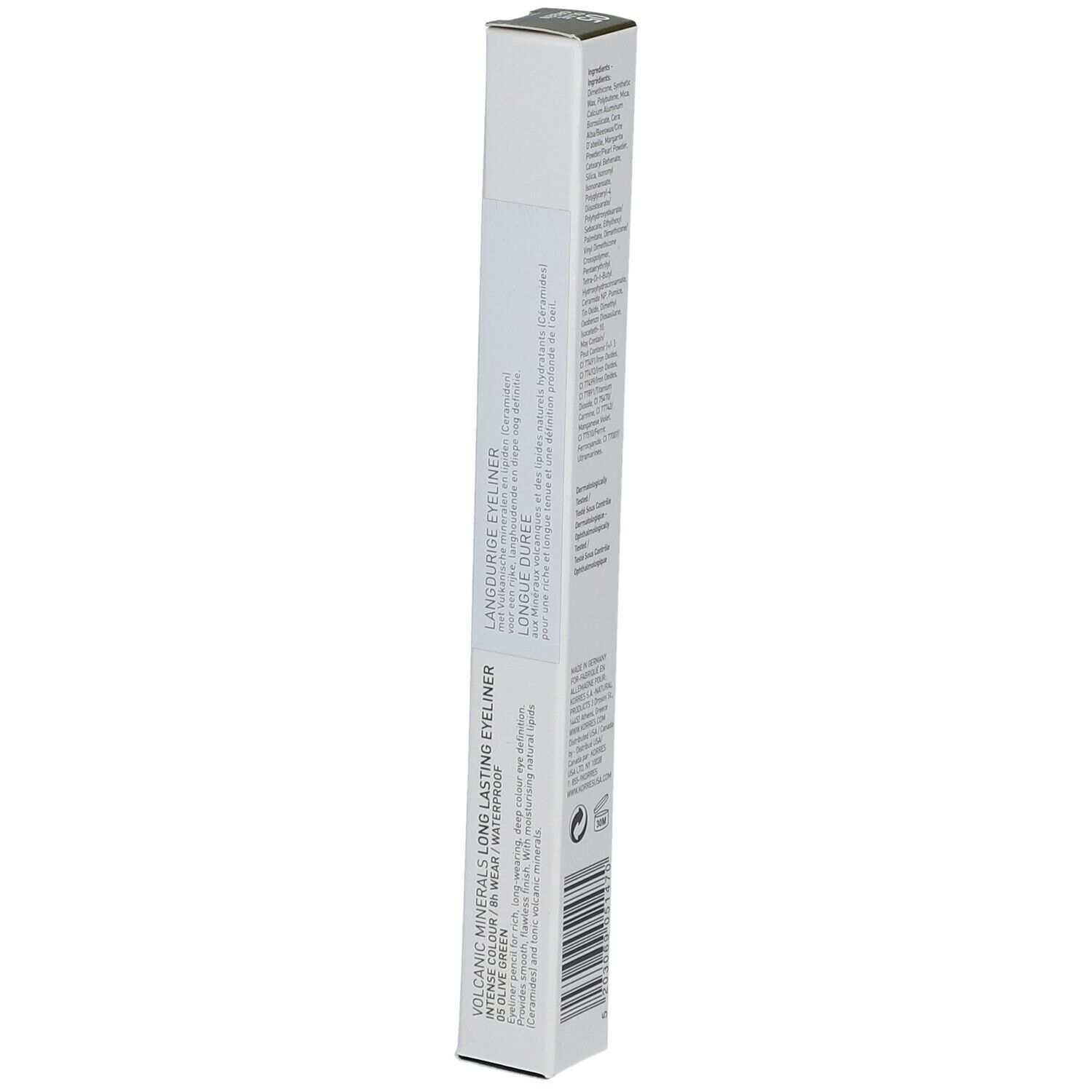 Emballage blanc fin avec nom du produit et de la marque. Inscription : LONG LASTING EYELINER. Ingrédients et couleur.