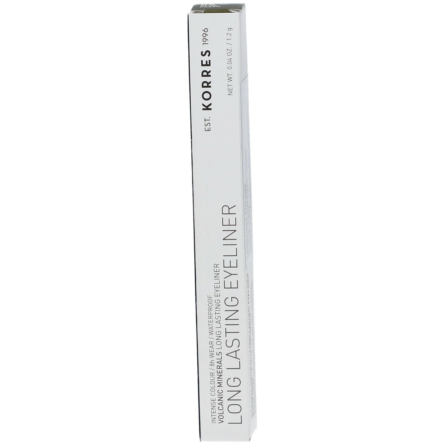 Emballage blanc fin avec nom du produit et de la marque. Inscription : LONG LASTING EYELINER. Poids net : 0,04 oz / 1,2 g.