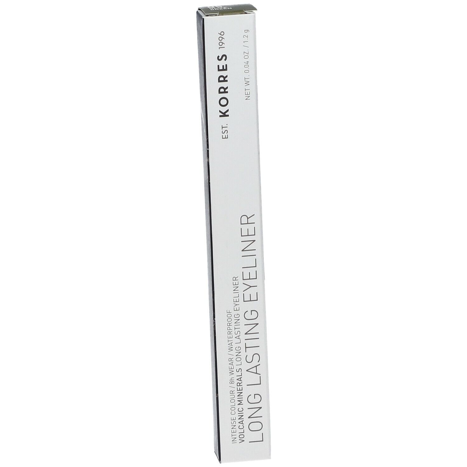 Emballage blanc fin avec nom du produit et de la marque. Inscription : LONG LASTING EYELINER. Poids net : 0,04 oz / 1,2 g.