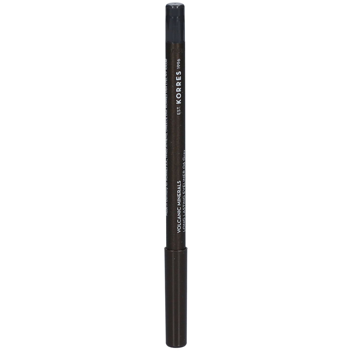 Crayon eyeliner gris. Inscription: KORRES, Volcanic Minerals Long Lasting Eyeliner. Poids net 0,04 oz.