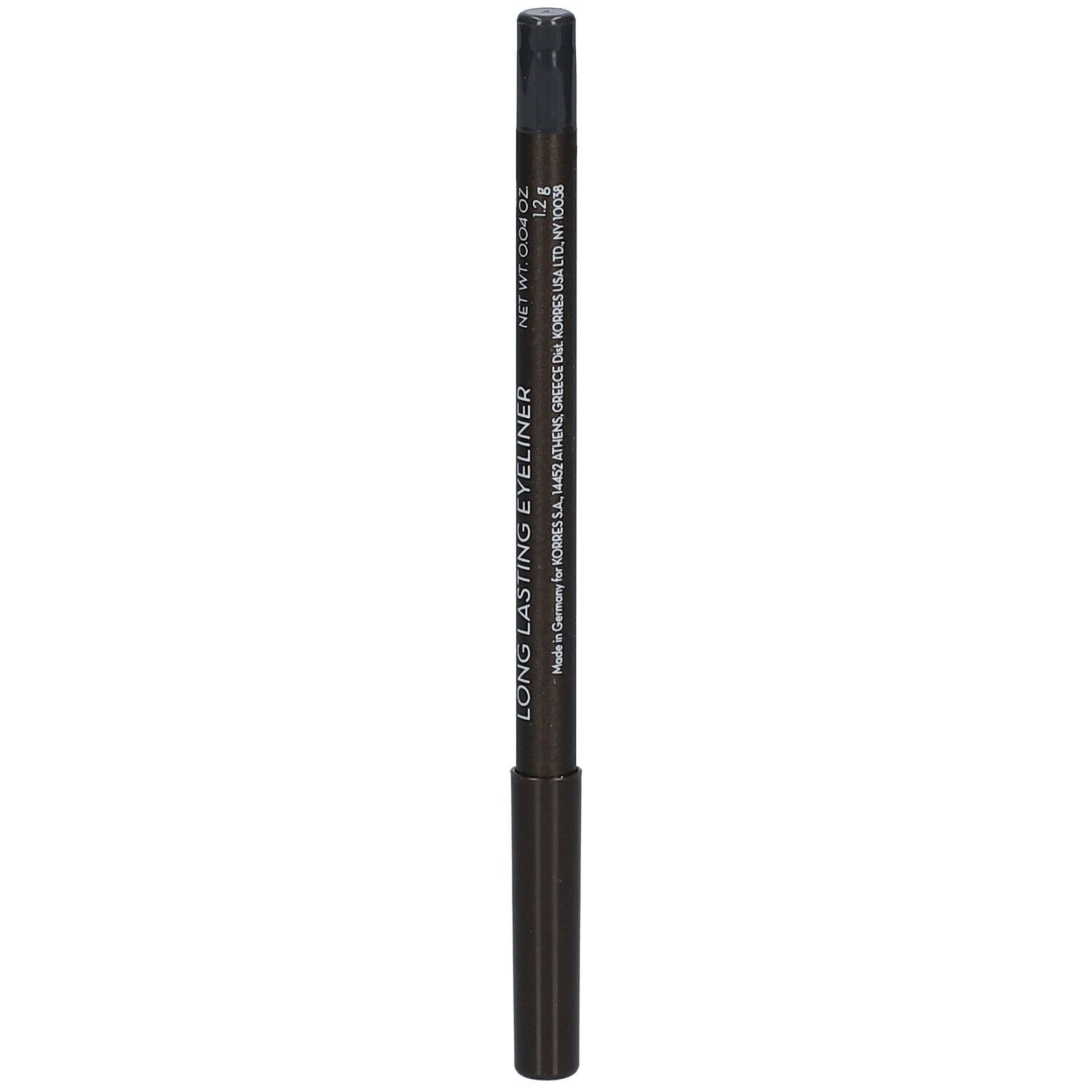 Crayon eyeliner gris. Inscription: Long Lasting Eyeliner. Poids net 0,04 oz. Fabriqué en Allemagne.