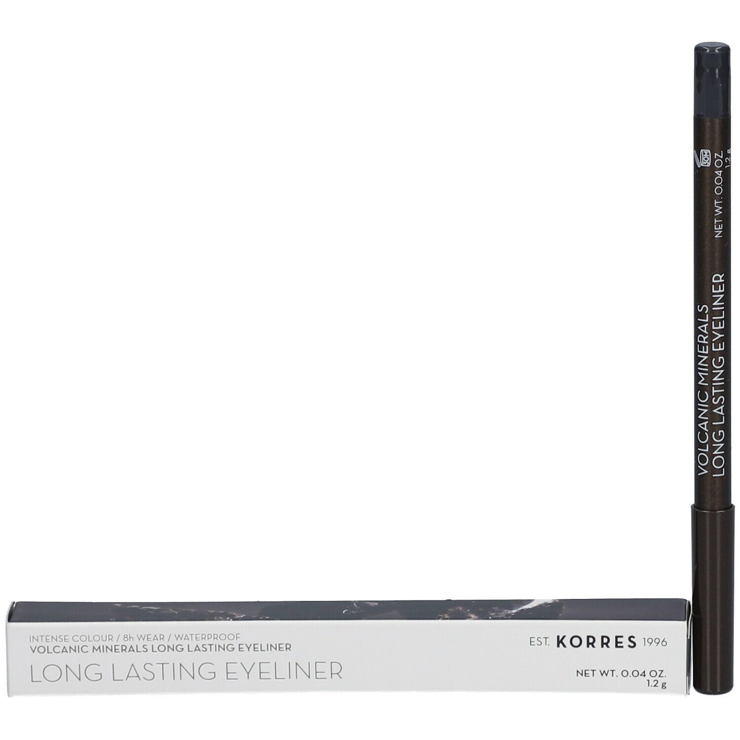 Crayon eyeliner gris et emballage. Inscription: KORRES, Long Lasting Eyeliner. Poids net 0,04 oz.
