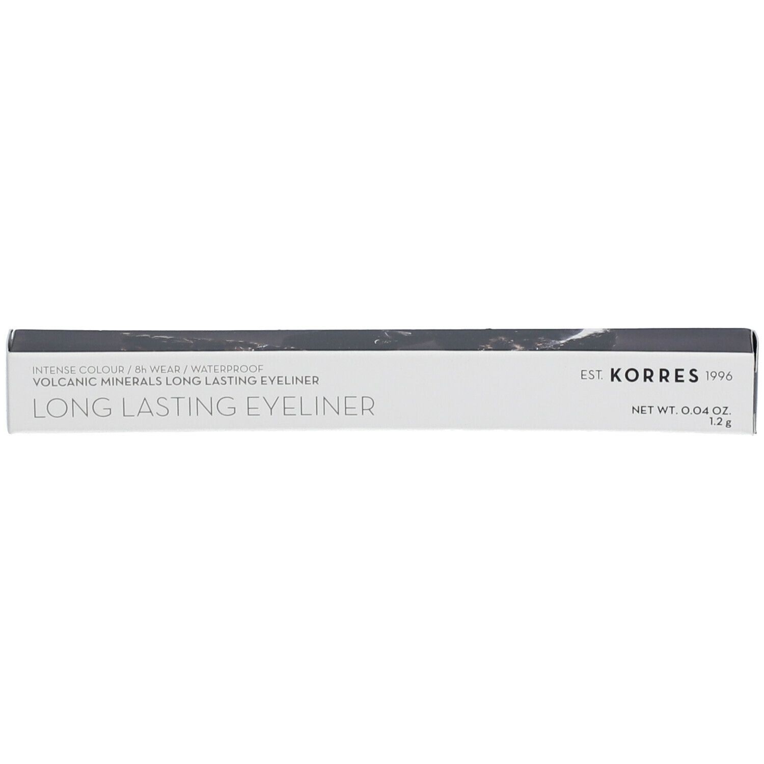Emballage pour eyeliner. Inscription: KORRES, Long Lasting Eyeliner. Poids net 0,04 oz.