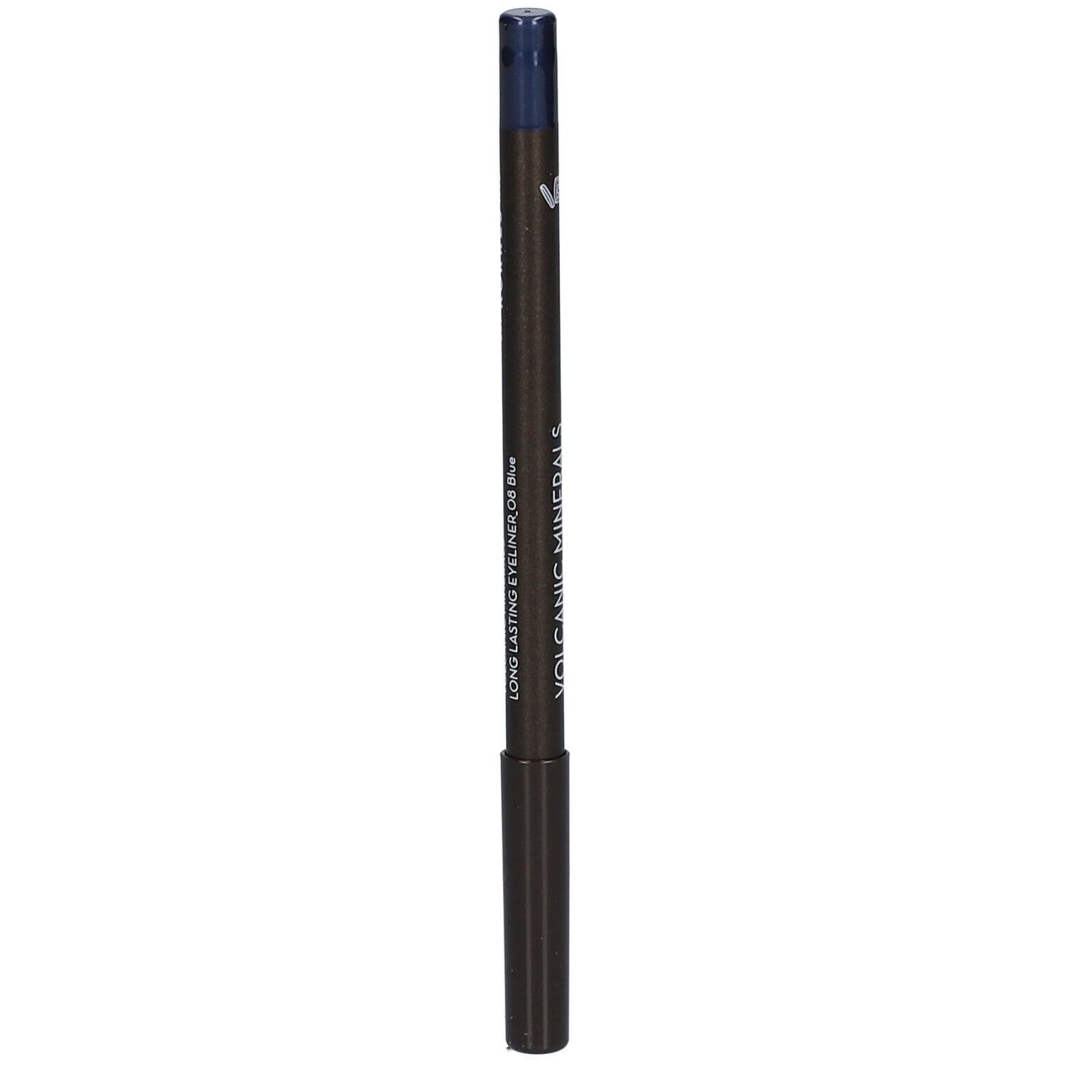 Crayon eyeliner bleu. Corps noir, pointe bleue. Inscription: Volcanic Minerals Long Lasting Eyeliner 08 Blue.