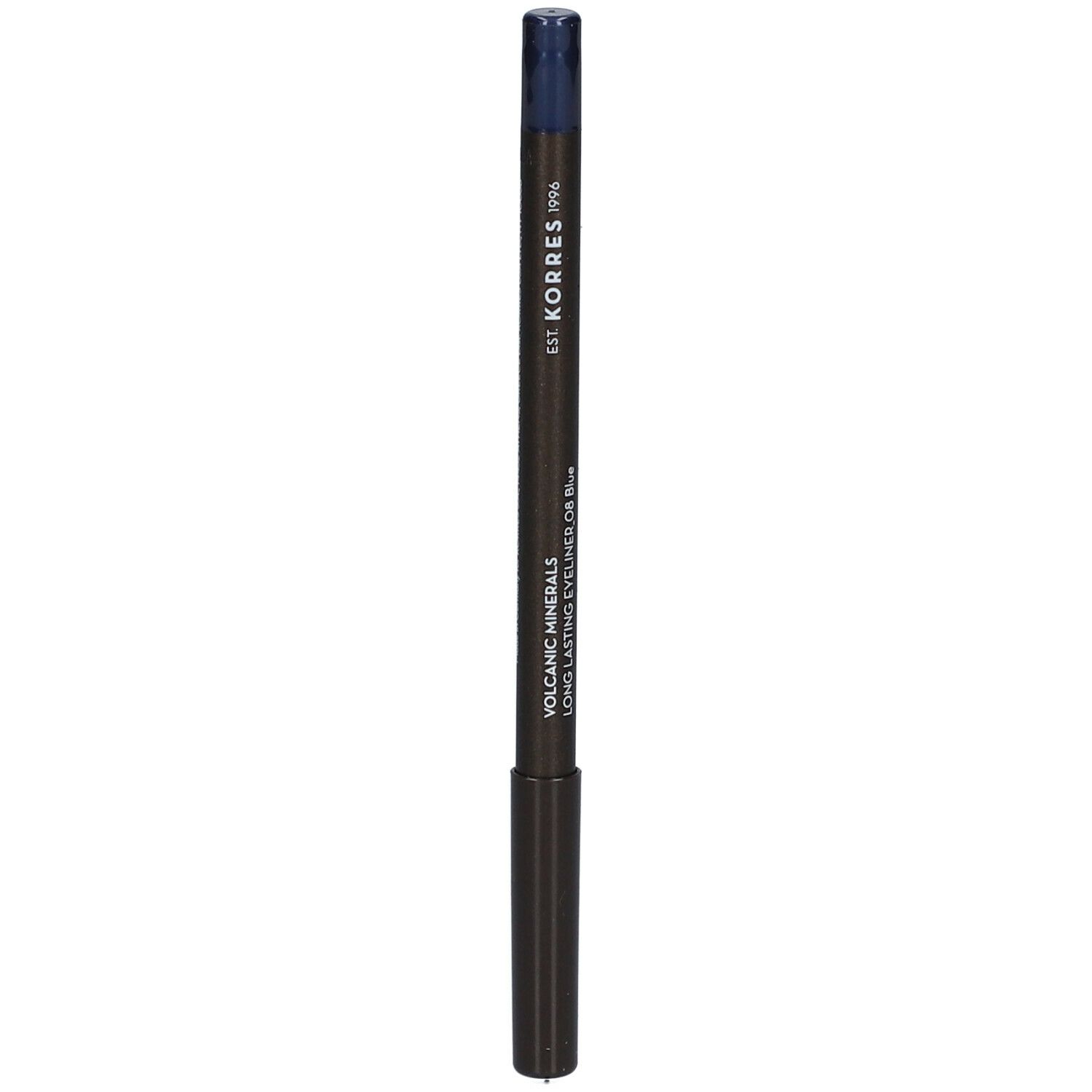 Crayon eyeliner bleu. Corps noir, pointe bleue. Inscription: KORRES, Volcanic Minerals Long Lasting Eyeliner 08 Blue.