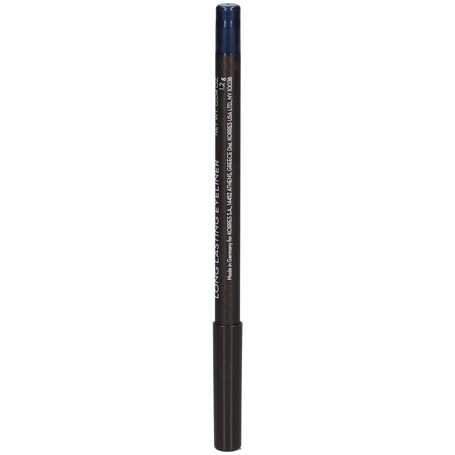 Crayon eyeliner bleu. Corps noir, pointe bleue. Inscription: KORRES, Long Lasting Eyeliner 08 Blue. Fabriqué en Allemagne.