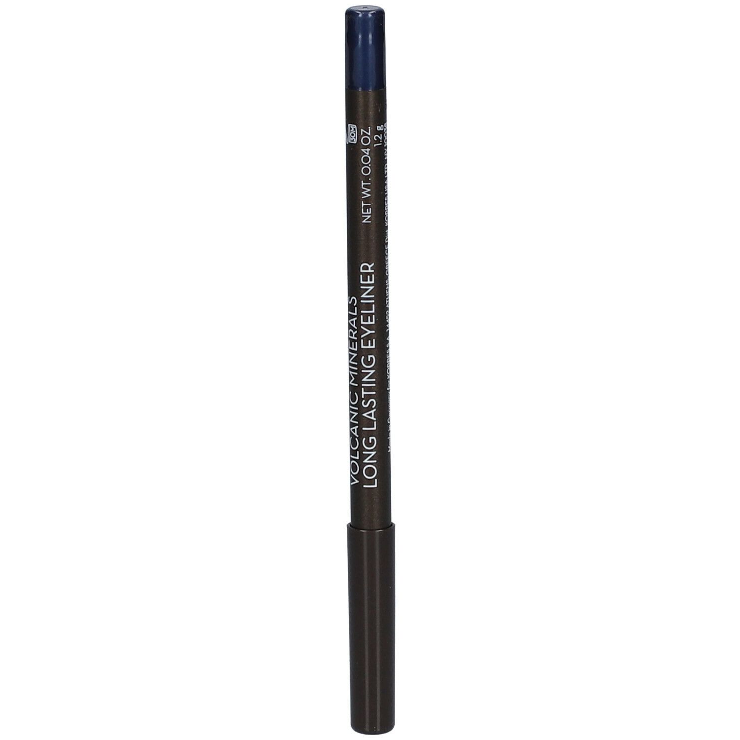 Crayon eyeliner bleu. Corps noir, pointe bleue. Inscription: Volcanic Minerals Long Lasting Eyeliner. Net Wt. 0.04 oz.