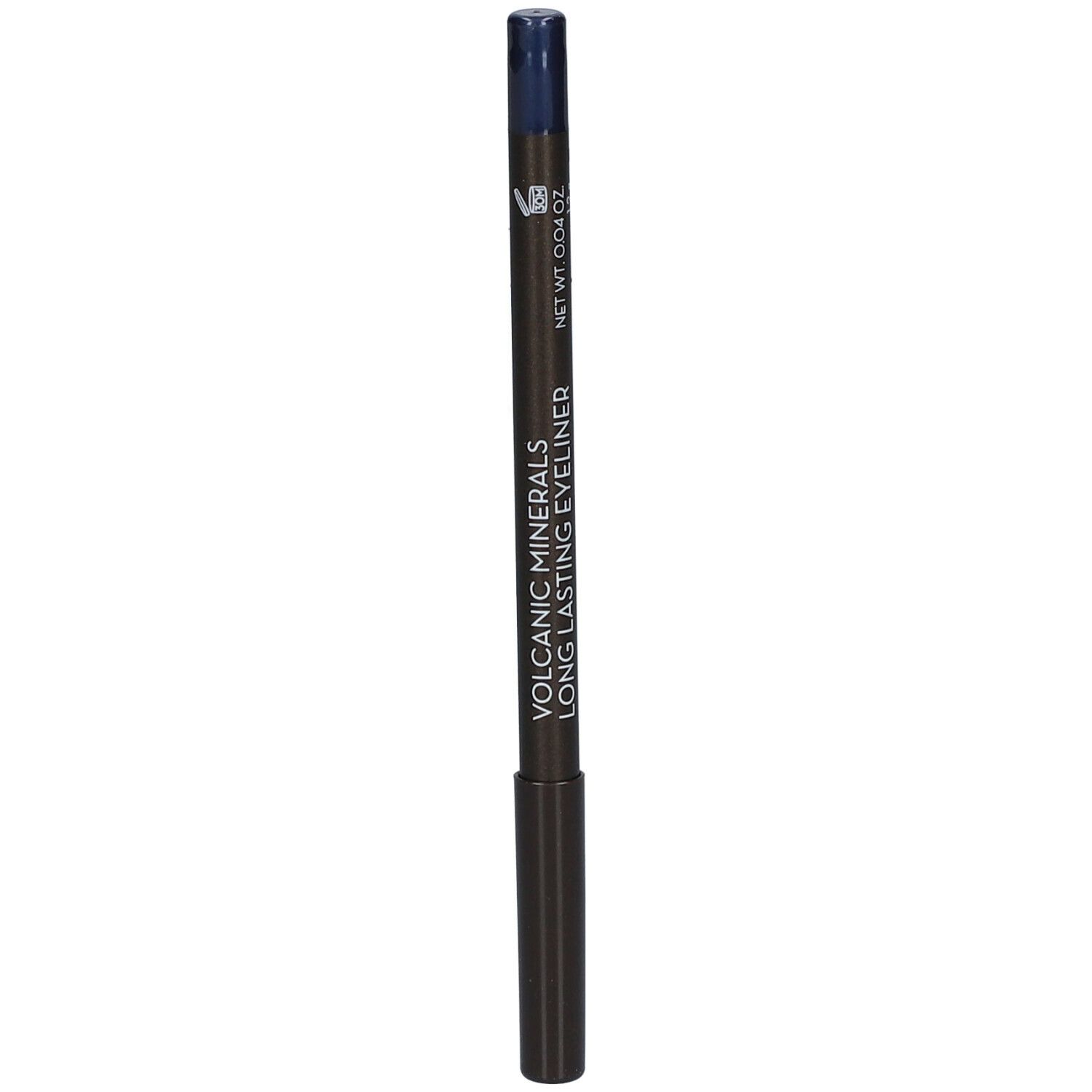 Crayon eyeliner bleu. Corps noir, pointe bleue. Inscription: Volcanic Minerals Long Lasting Eyeliner. Net Wt. 0.04 oz.