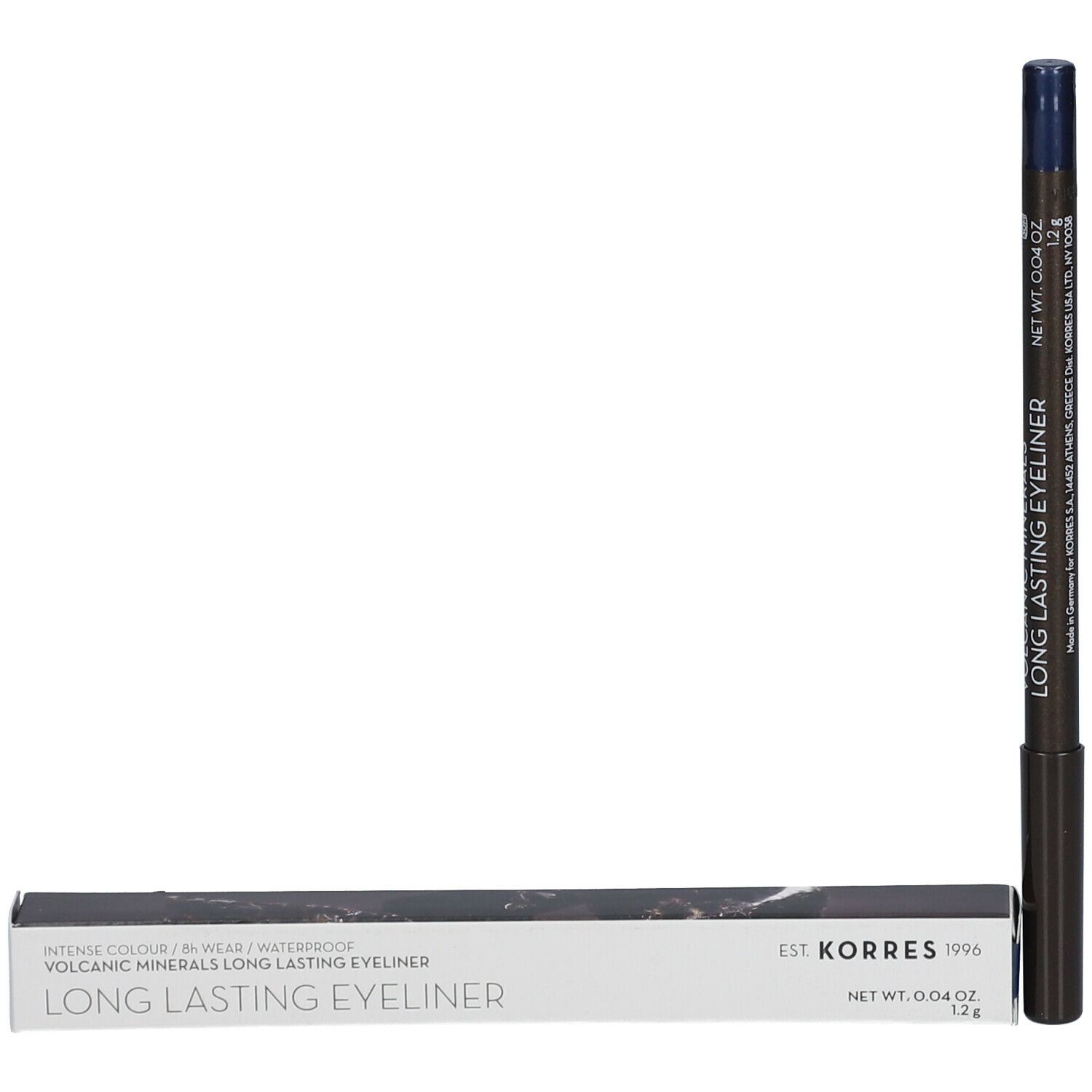 Crayon eyeliner et emballage. Crayon noir, pointe bleue. Inscription: KORRES, Long Lasting Eyeliner. Emballage: blanc.