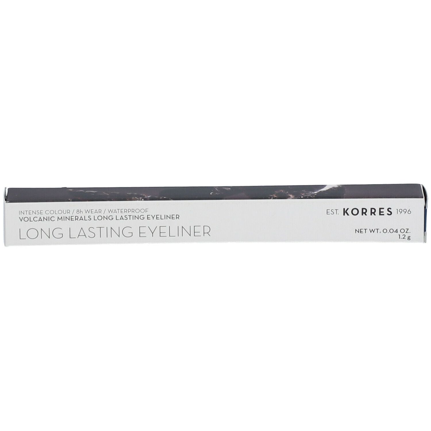 Emballage blanc. Inscription: KORRES, Long Lasting Eyeliner. Net Wt. 0.04 oz.