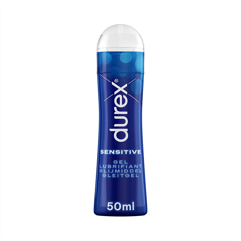Durex Play Sensitive glijmiddel, blauwe fles met witte dop. 50ml. Opschrift: Sensitive, glijmiddel.