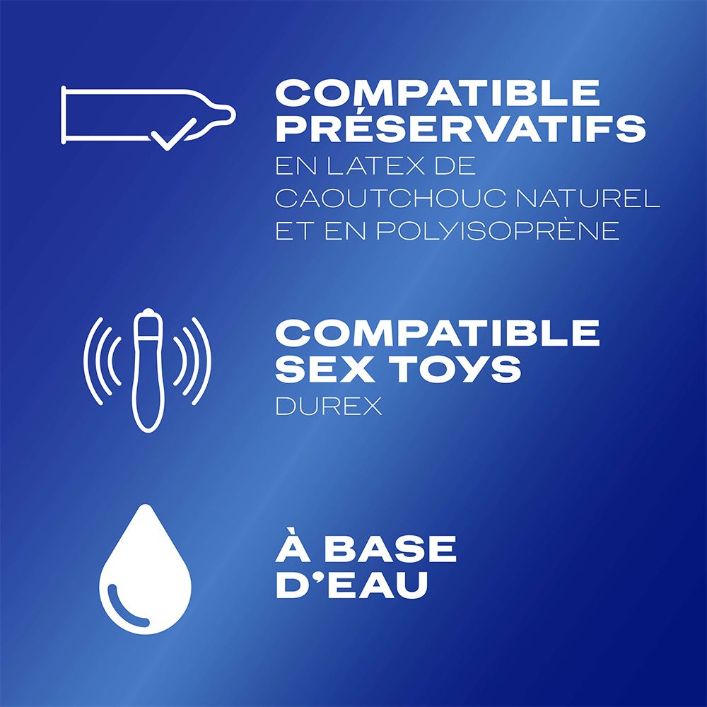 Tekst op blauwe achtergrond: Compatibel met condooms, seksspeeltjes en op waterbasis.