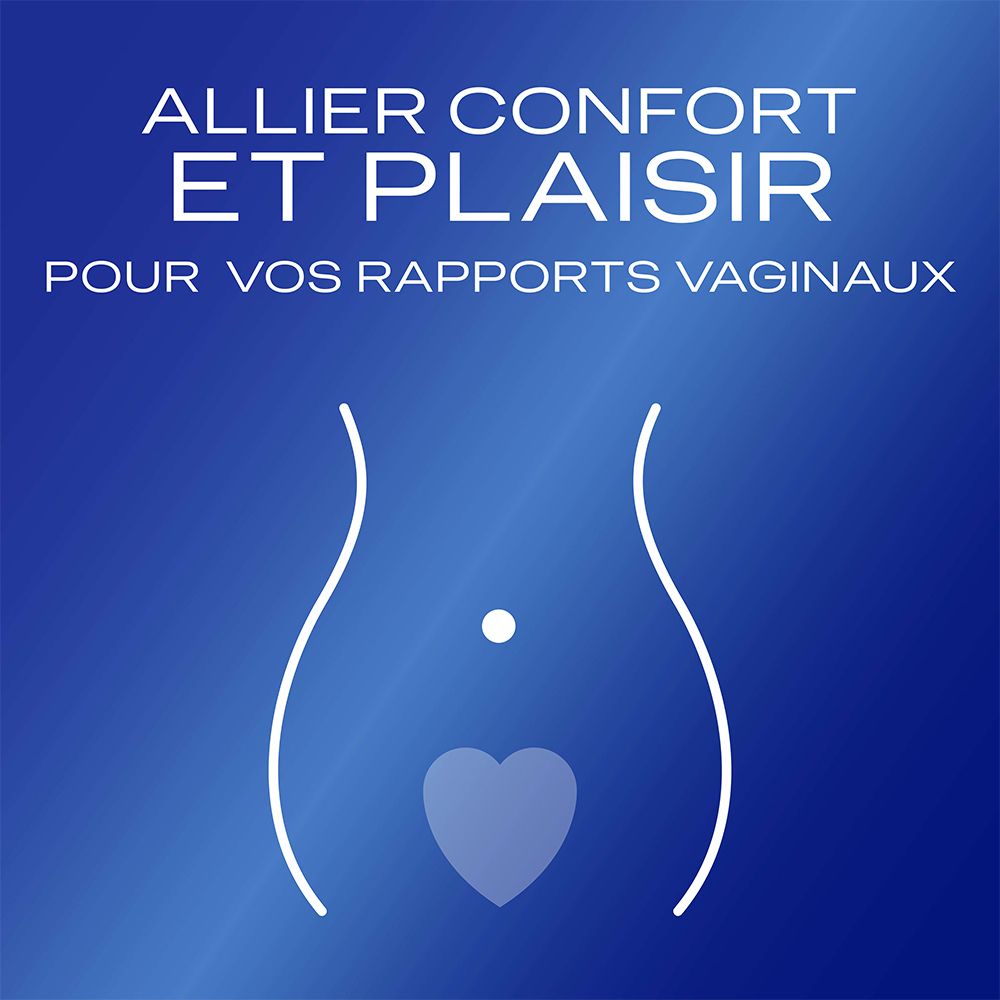 Afbeelding met tekst op blauwe achtergrond: Comfort en plezier voor vaginale relaties.