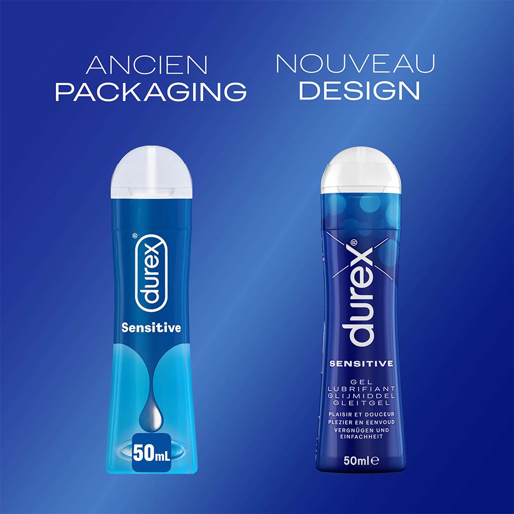 Vergelijking van twee Durex Play Sensitive flessen. Links: oud design. Rechts: nieuw design.