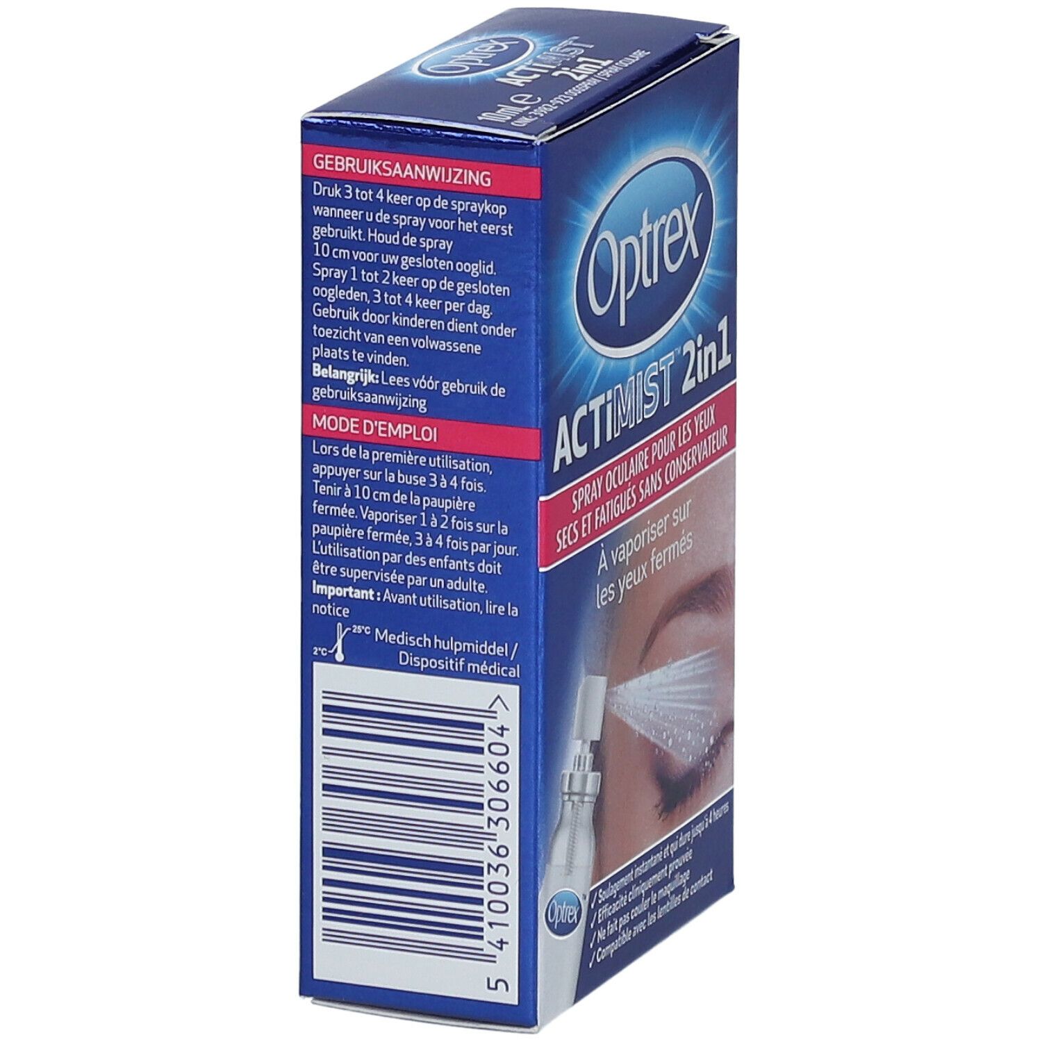 Dos de la boîte Optrex ActiMist 2in1. Instructions d'utilisation et ingrédients. Boîte bleue.