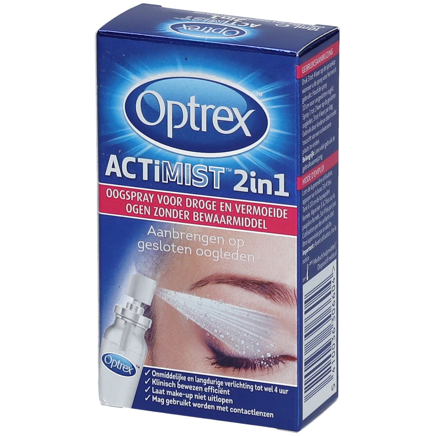 Boîte Optrex ActiMist 2in1. Spray oculaire. Texte en néerlandais. Image d'un œil et du spray.
