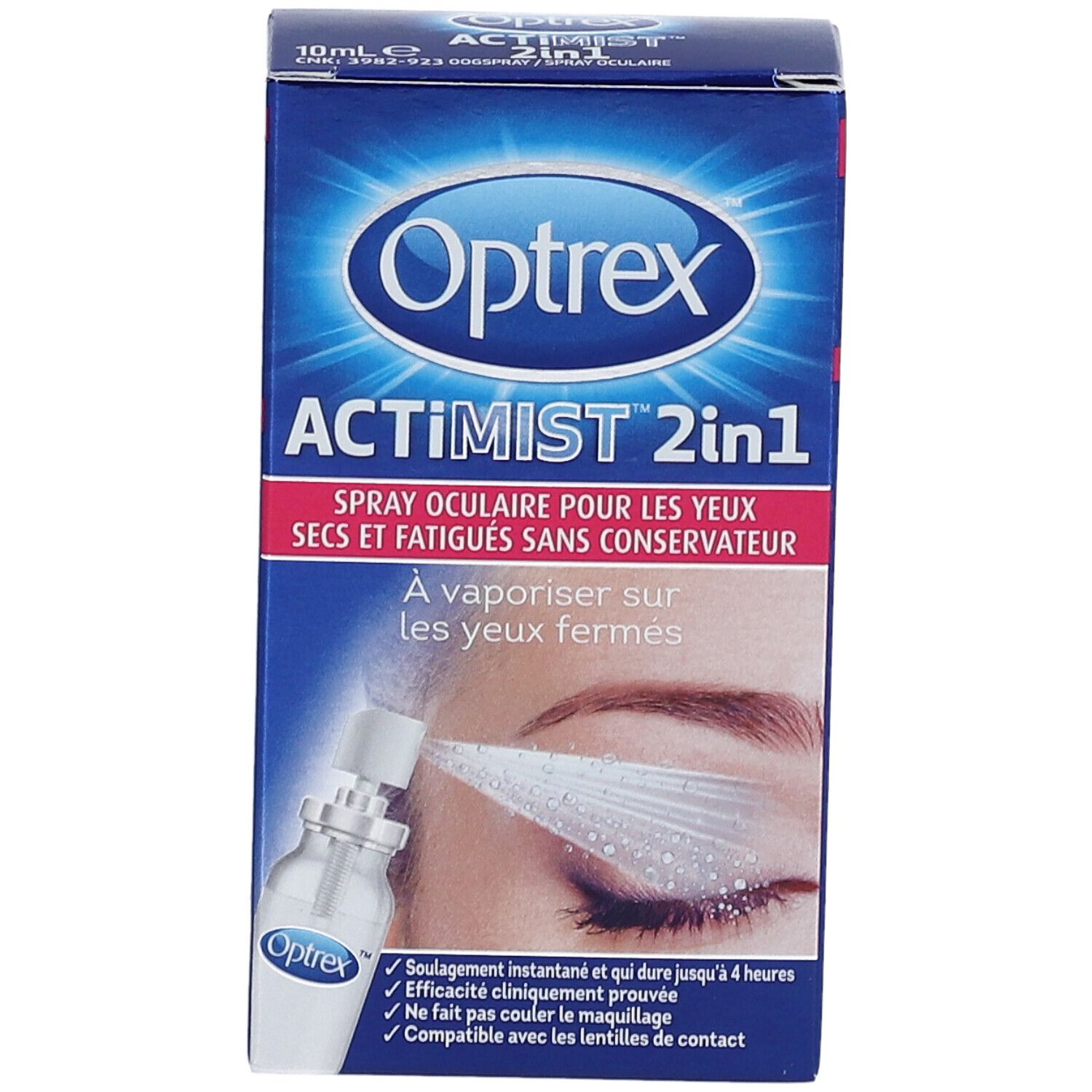 Boîte Optrex ActiMist 2in1. Spray oculaire pour yeux secs. Illustration d'un œil et du spray. Texte en français.