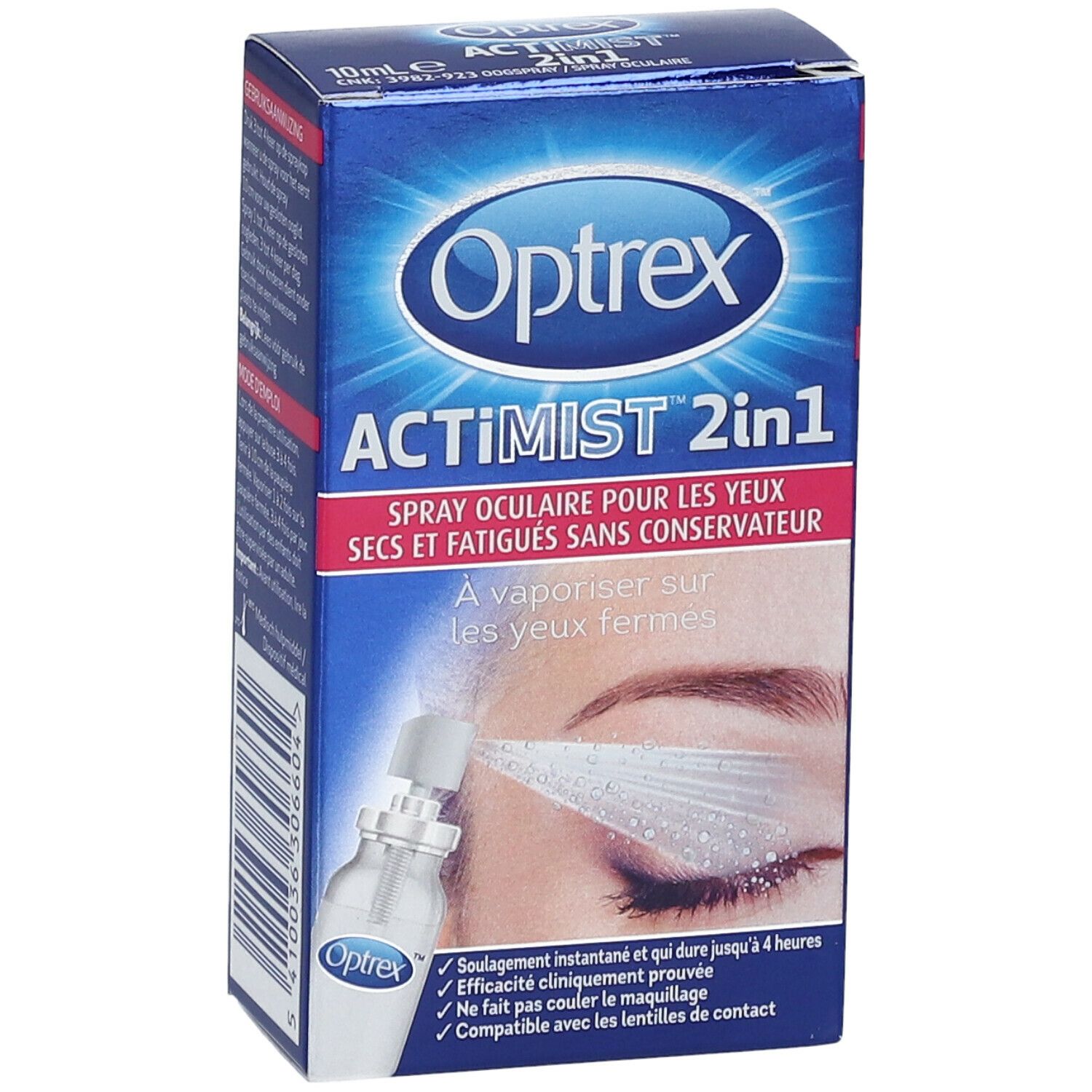 Boîte Optrex ActiMist 2in1. Spray oculaire pour yeux secs. Illustration d'un œil et du spray. Texte en français.