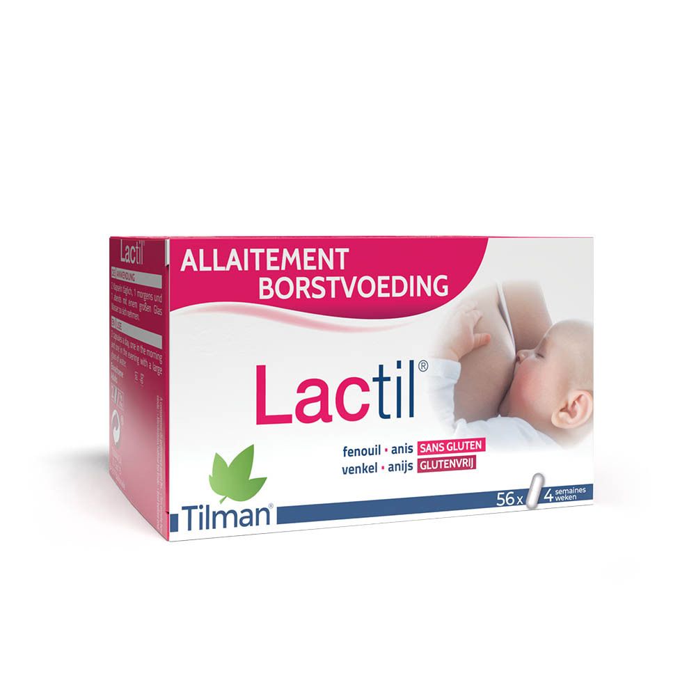 Lactil-verpakking, tekst, afbeelding borstvoeding, 56 tabletten, zonder suiker en gluten. Bevat venkel en anijs.