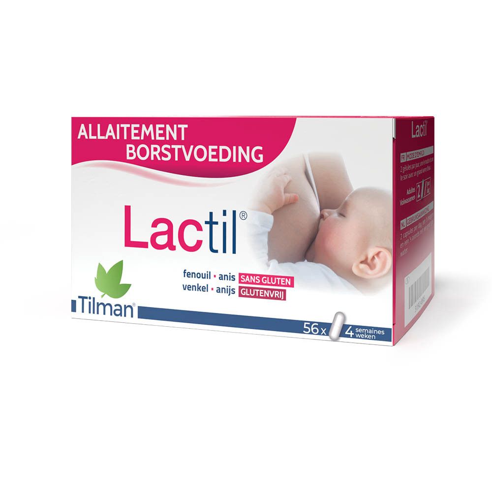 Lactil-verpakking, tekst, afbeelding borstvoeding, 56 tabletten, zonder suiker en gluten. Bevat venkel en anijs.