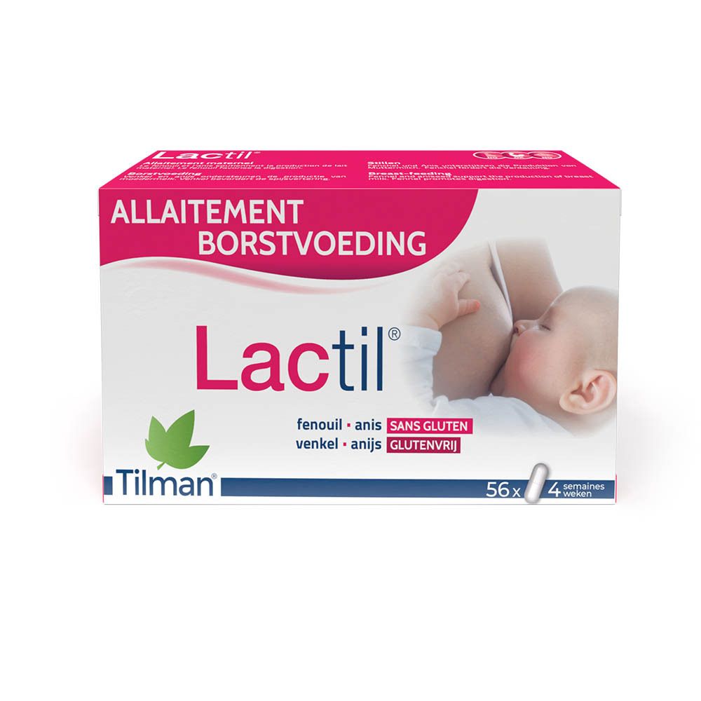 Lactil-verpakking, tekst, afbeelding borstvoeding, 56 tabletten, zonder suiker en gluten. Bevat venkel en anijs.