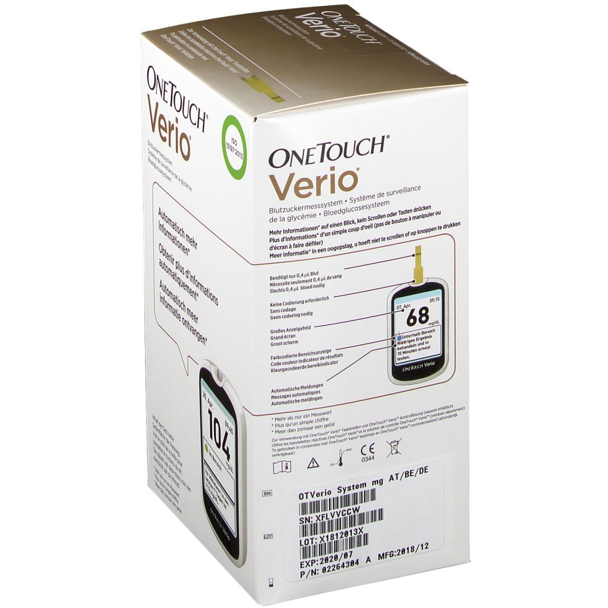 Boîte OneTouch Verio pour système de surveillance de la glycémie. Contient des informations et un schéma de l'appareil.