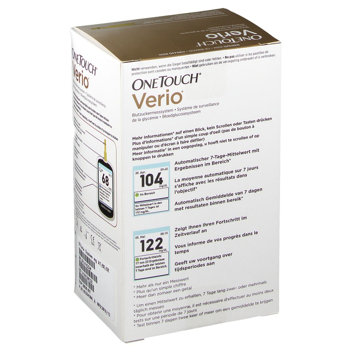 Boîte OneTouch Verio pour système de surveillance de la glycémie. Arrière avec informations sur les fonctions et les moyennes.