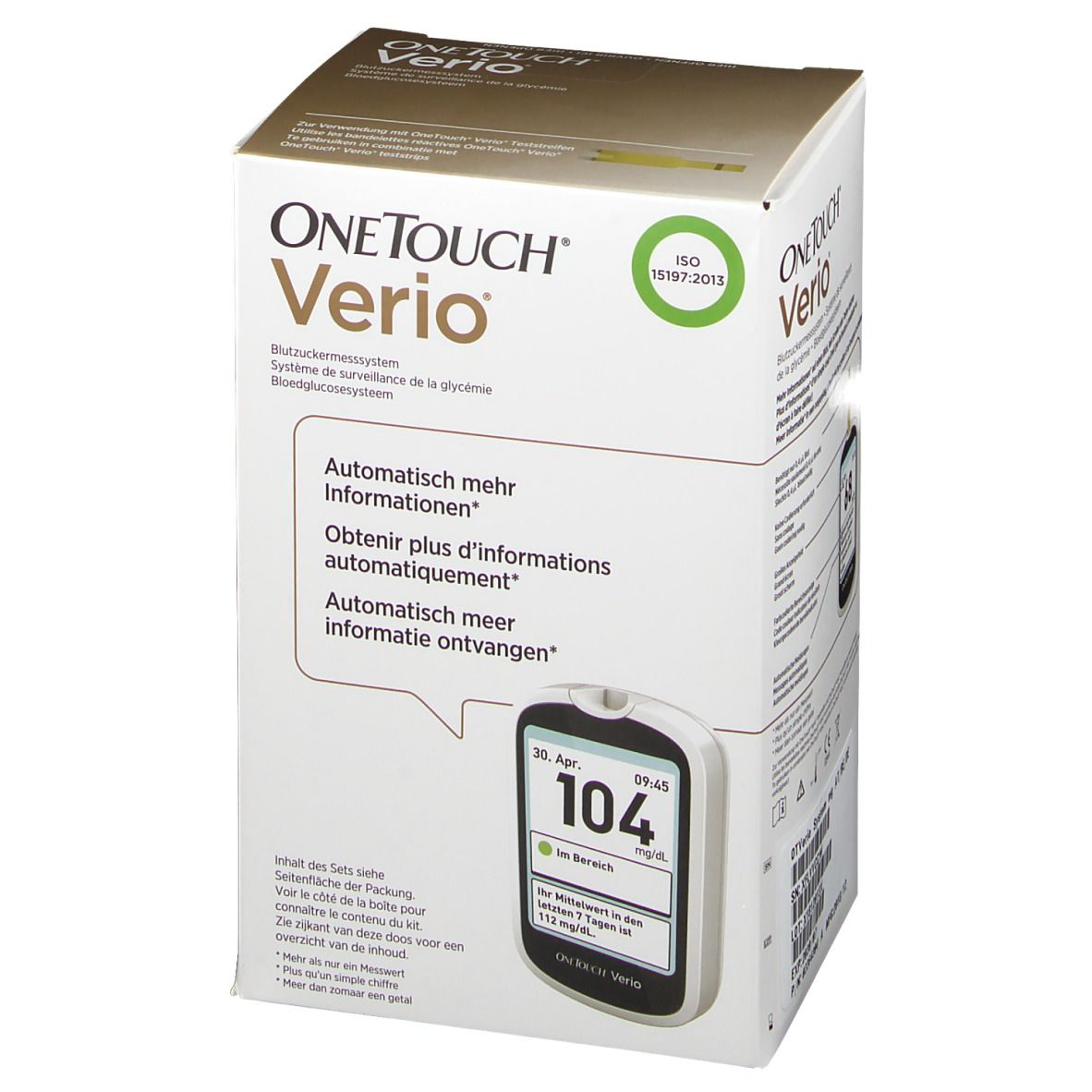 Boîte OneTouch Verio pour système de surveillance de la glycémie. Avant avec nom du produit, logo et schéma de l'appareil.