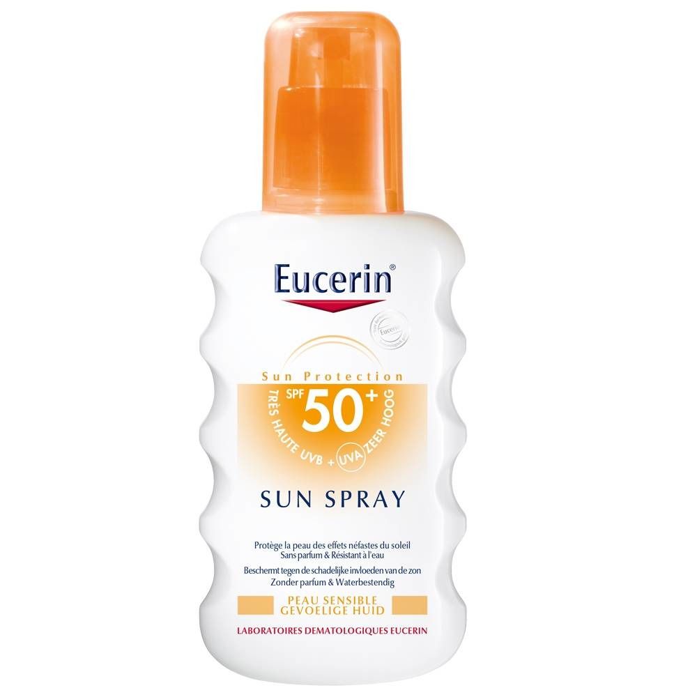 Flacon blanc avec vaporisateur orange. Inscription: Eucerin Sun Spray SPF50+. Texte multilingue.