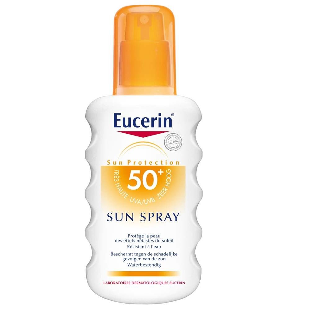 Flacon blanc avec vaporisateur orange. Inscription: Eucerin Sun Spray SPF50+. Texte multilingue.