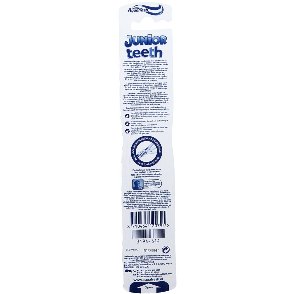 Dos de l'emballage de la brosse à dents. Texte et logos. "Junior teeth" et "Aquafresh" visibles.