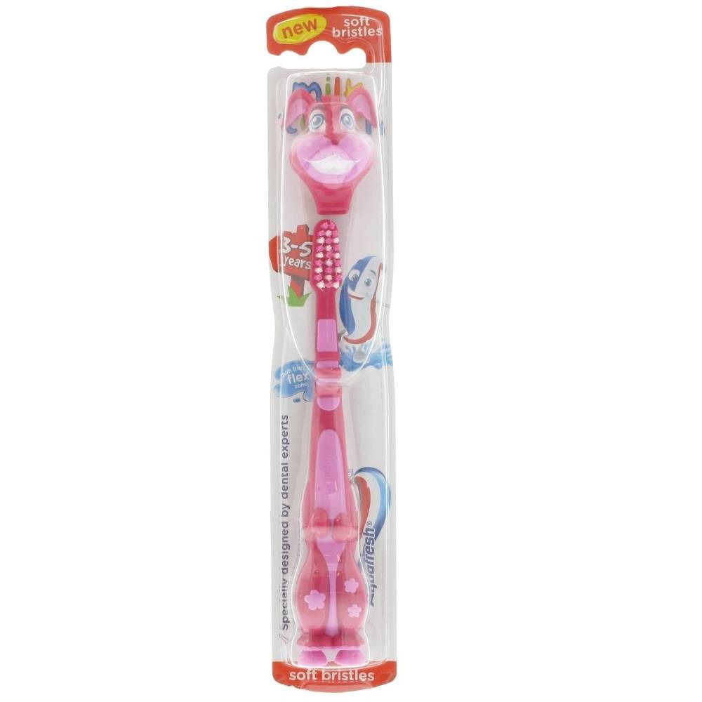 Brosse à dents enfant rose, tête animale. Soie souple, emballage blister. Marque : Aquafresh.